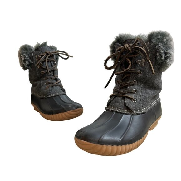 Report Gray Faux Fur Trimmed Tweed Rubber Duck Winter Boots Sz 7.5 - Picture 1 of 8